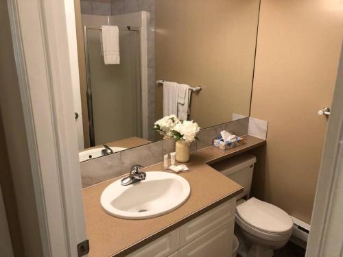 a bathroom with a sink and a toilet and a mirror at Paradise Canyon Golf Resort, Luxury Condo M407 in Lethbridge