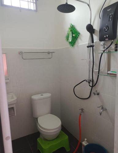 a small bathroom with a toilet and a shower at Hana Homestay Kolam Terengganu in Marang