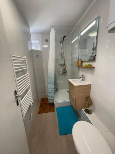 y baño con ducha, aseo y lavamanos. en Appt FOURAS Centre Ville 50m de la Mer, en Fouras