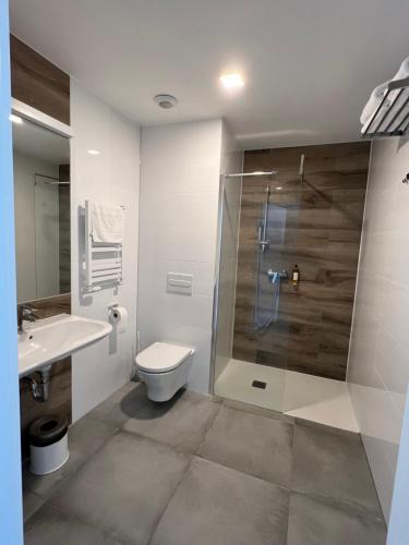 a bathroom with a shower and a toilet and a sink at Aparthotel Apartamenty Czarna Góra 410 in Sienna