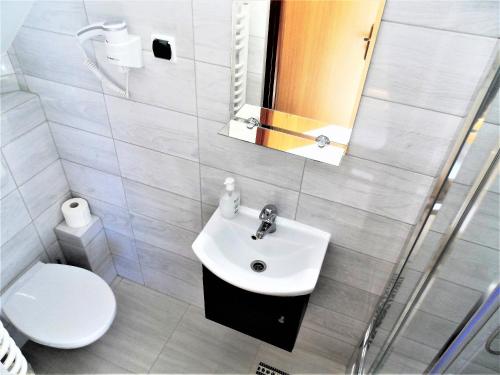 W łazience znajduje się umywalka, toaleta i lustro. w obiekcie "Bieszczady111"-pokoje nad Soliną, tel, 607 - 197 - 316 w Polańczyku