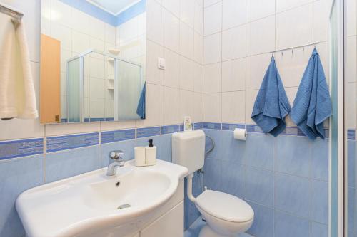 a blue and white bathroom with a toilet and a sink at Apartmani Vita, Ližnjan - apartman 1 in Ližnjan