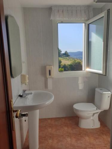 baño con aseo y lavabo y ventana en Casa rural Itxas Ertz, en Mendexa