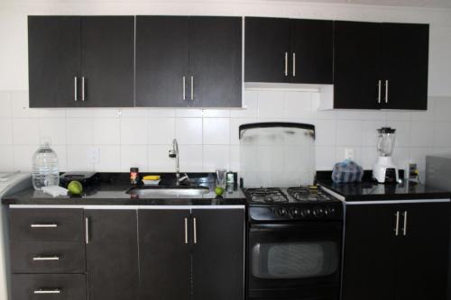 a kitchen with black cabinets and a stove top oven at Greenhouse- Apartamentos in Bucaramanga