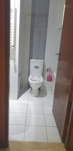 biała łazienka z toaletą i prysznicem w obiekcie Le Palace Clinique Jasmin Carthgene Pasteur w mieście Tunis