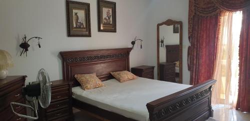 een slaapkamer met een houten bed en een spiegel bij Le Palace Clinique Jasmin Carthgene Pasteur in Tunis