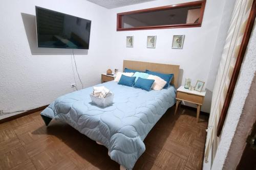 a bedroom with a bed with blue pillows and a television at Hermosos apartamentos en Funza in Funza