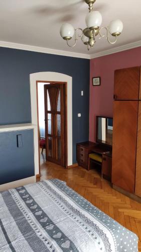 a bedroom with a bed and a dresser and a mirror at Dom Sula in Ustrzyki Dolne