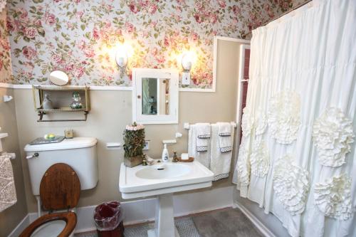 a bathroom with a toilet and a sink at Virginia Point INN in Galveston