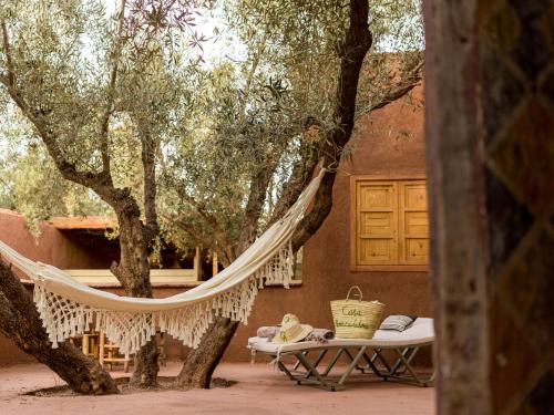 a hammock hanging from a tree in front of a house at CASA ABRACADABRA in Marrakech