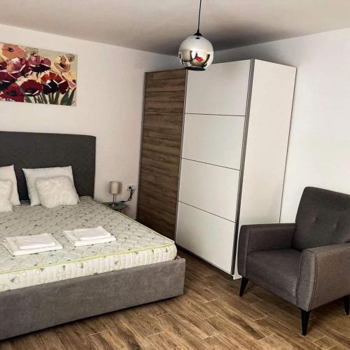 1 dormitorio con 1 cama, 1 silla y 1 armario en Kosmajski raj, en Nemenikuće