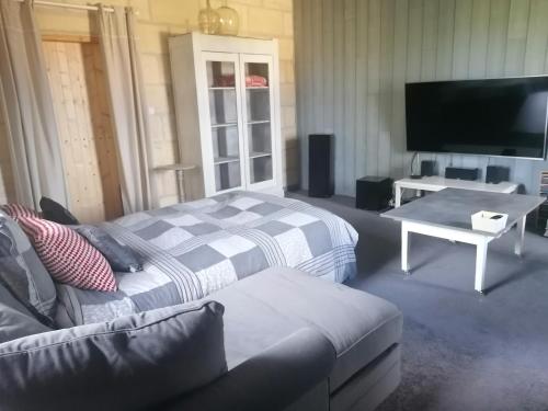 a living room with a couch and a tv at Le Marronnier in Saint-Vincent-de-Pertignas