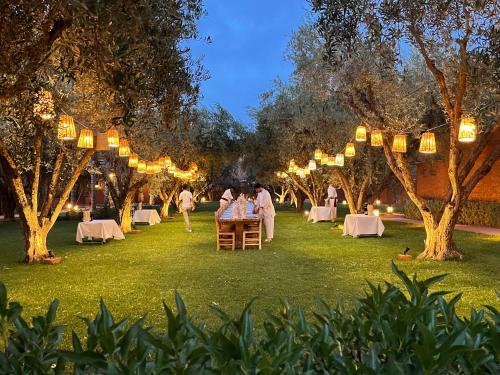 a group of people sitting at tables in a park at night at CASA ABRACADABRA in Marrakesh