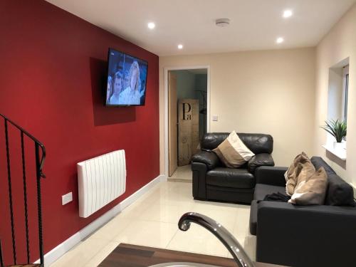 a living room with a couch and a tv on a red wall at The Little Hexthorpe house in Doncaster
