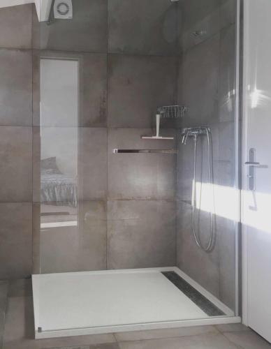 une douche avec une porte vitrée dans une salle de bain dans l'établissement La maison de Marie Hélène 2 piscine partagée, à Aix-en-Provence
