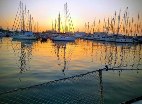 a group of boats docked in a harbor at sunset at La tua stanza a vela sul mare in Bari