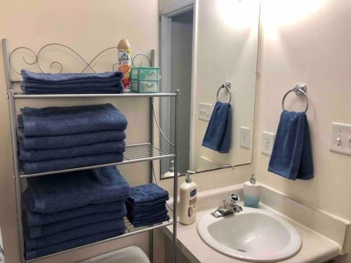 y baño con toallas azules, lavabo y espejo. en WelcomingTownhome - King Bed - Long Term Stays - UNC, en Chapel Hill