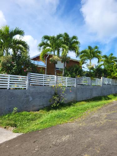 a fence in front of a house with palm trees at Gite de charme in Trois-Rivières