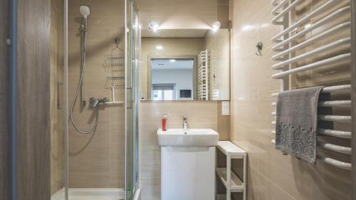 W łazience znajduje się umywalka i prysznic. w obiekcie Cztery Pory Sportu w Jeleniej Górze