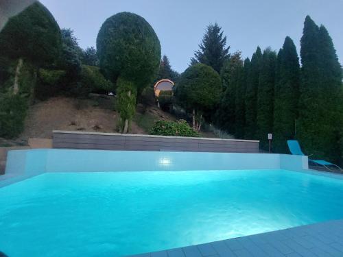 a large blue swimming pool in front of trees at Urlopowa Chata in Targanice