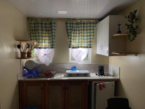 a kitchen with a sink and two windows at Villa Mar Sosua in Sosúa