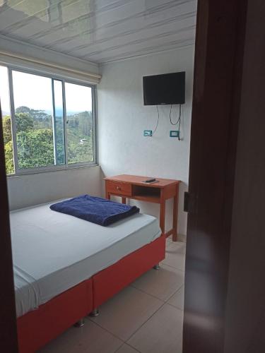 a bedroom with a bed and a desk and a television at Hotel Las Palmas de Puente Nacional in Puente Nacional