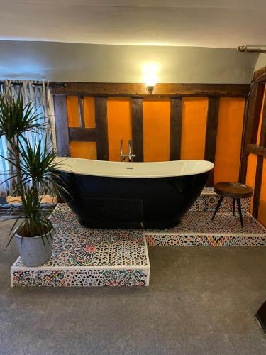 a bath tub sitting in a room with a potted plant at The Hole In The Wall in Little Wilbraham
