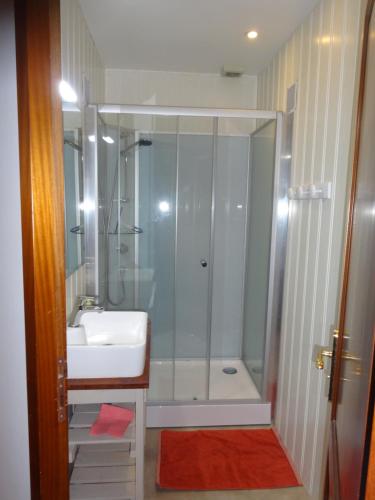 a bathroom with a shower and a sink at Gîte Clé des Champs in Saint-Laurent-en-Royans