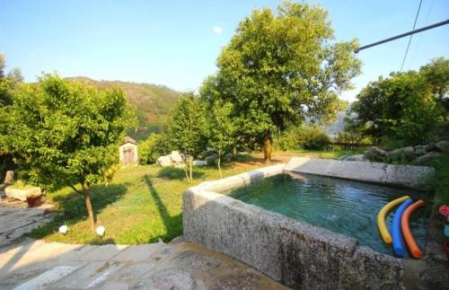 a swimming pool with surfboards in a yard at Villa Dos Santos - Gerês Country House in Geres