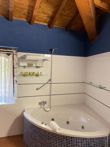 a bath tub in a bathroom with blue walls at Aldea Couso Rural in Sarreaus