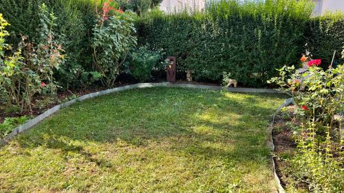 a small garden with a dog sitting in the grass at Apartment centrally located in the Rhine-Main area in Riedstadt