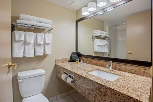 a bathroom with a toilet and a sink and a mirror at Best Western Plus Red Deer Inn & Suite in Red Deer