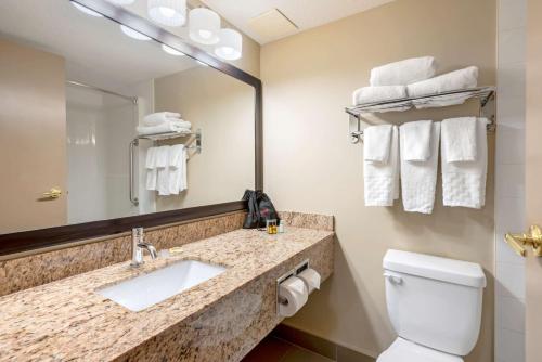 a bathroom with a sink and a toilet and a mirror at Best Western Plus Red Deer Inn & Suite in Red Deer