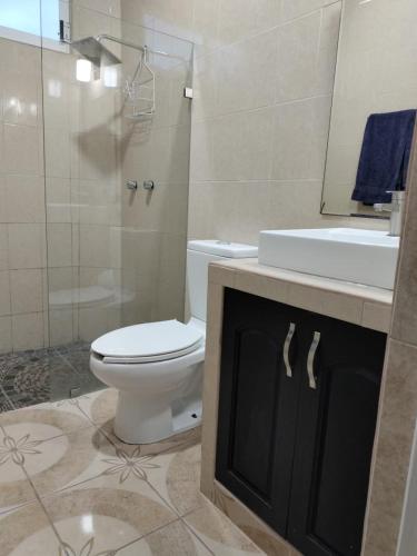 a bathroom with a toilet and a sink and a mirror at Hotel Boutique CVC in Acapulco