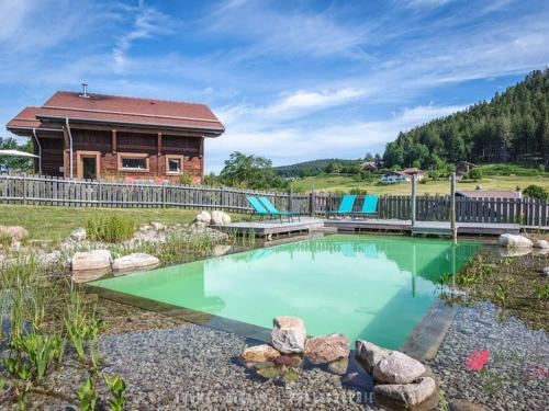 une piscine d'eau verte en face d'une maison dans l'établissement Chalet cosy avec sauna, piscine bio, proche lac et ski à Gérardmer - FR-1-589-408, à Gérardmer