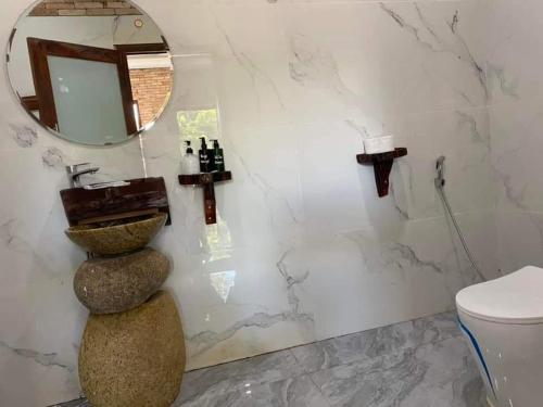 a bathroom with a sink and a mirror and a toilet at Eco Floor Bird Song Lodge in Cat Tien