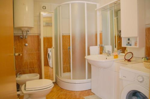 a bathroom with a shower and a toilet and a sink at Apartments by the sea Sumartin, Brac - 17090 in Sumartin