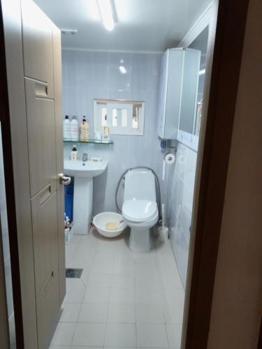 a blue bathroom with a toilet and a sink at Big Blue House in Boseong