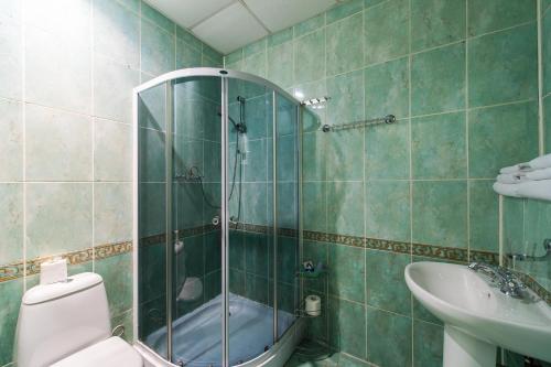 La salle de bains est pourvue d'une douche, de toilettes et d'un lavabo. dans l'établissement "Репин" на Невском, à Saint-Pétersbourg