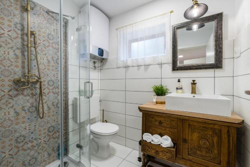 La salle de bains est pourvue de toilettes, d'un lavabo et d'une douche. dans l'établissement Family friendly house with a swimming pool Vojnic Sinjski, Zagora - 17375, à Trilj