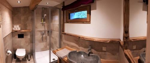 een badkamer met een douche, een wastafel en een toilet bij Vorderkaseralm in Sankt Johann im Pongau