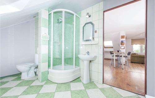 a bathroom with a shower and a sink and a toilet at Cozy Apartment In Darlowo With Kitchen in Darłowo