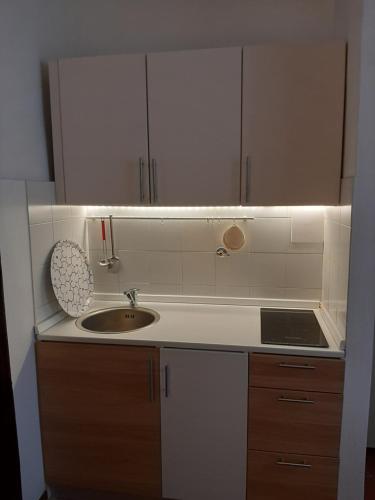 a kitchen with a sink and white cabinets at La Casina della Volpe in Prato