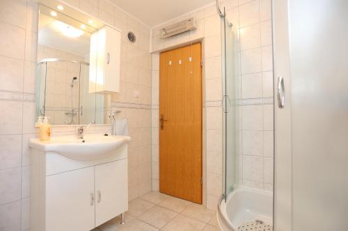 ein Bad mit einem Waschbecken, einer Dusche und einem Spiegel in der Unterkunft Apartments with a parking space Donje Taboriste, Plitvice - 17527 in Slunj