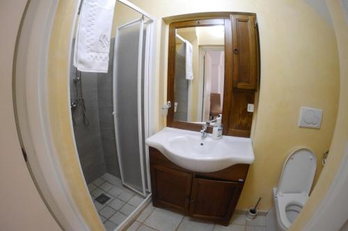 a bathroom with a sink and a shower and a toilet at Masseria Lama D'impisa in Fasano