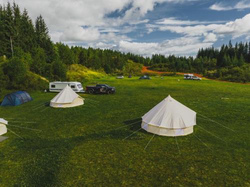 a group of tents in a grassy field with cars at Golden Circle Tents - Glamping Experience in Selfoss