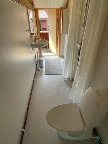 La petite salle de bains est pourvue de toilettes et d'un lavabo. dans l'établissement Dalastuga med tillgång till badplats, à Leksand