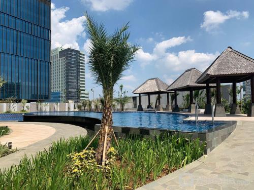 a swimming pool with a palm tree next to a building at Apartment podomoro deli city lexington tower in Medan