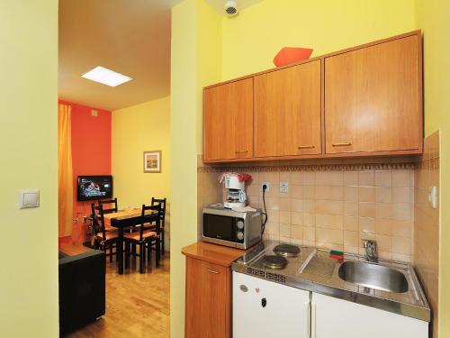 斯普利特的住宿－Apartment Split 17386a，厨房配有水槽和微波炉