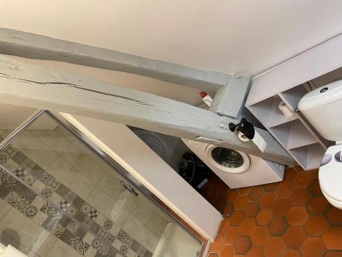 a bathroom with a toilet and a sink in it at Architecte Les 3 arches de Dormelles in Dormelles